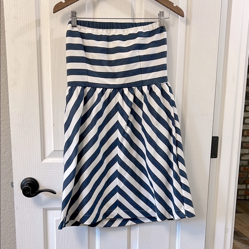 NWT Honey Punch Nantucket Blue and White Striped Strapless Midi Dress Pockets